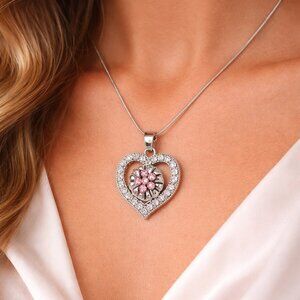 Silver Rhinestone Heart Interchangeable Snap Necklace Pink & Clear
